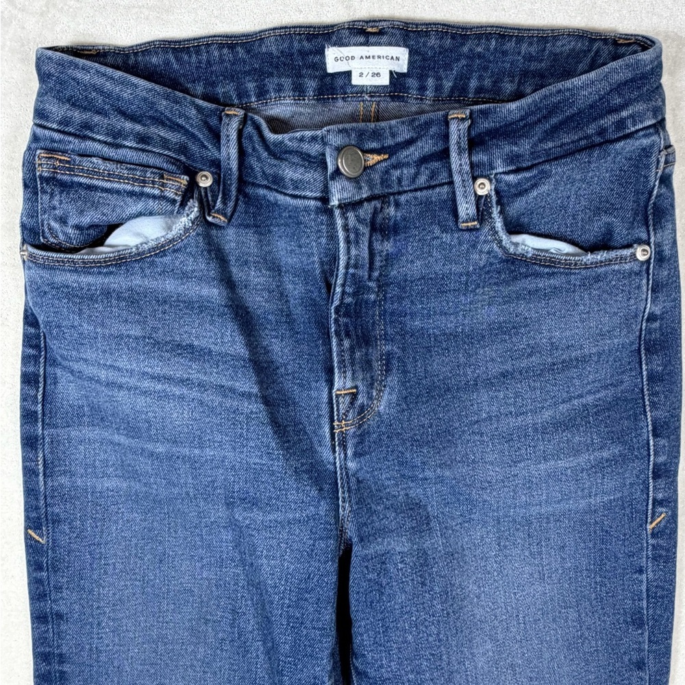 Good American Size 2 / 26 Distressed Hem Slim Dark Blue Ankle Jeans - Picture 3 of 10